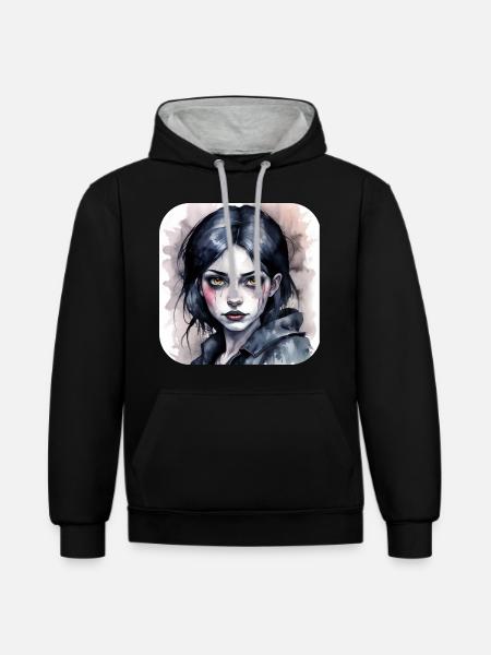 Cooles Gothic Punk Girl - Kontrast-Hoodie - Schwarz/Grau meliert
