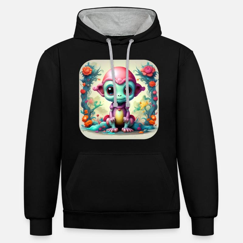 Alien mignon de science-fiction - Sweat à capuche contrasté - noir/gris chiné