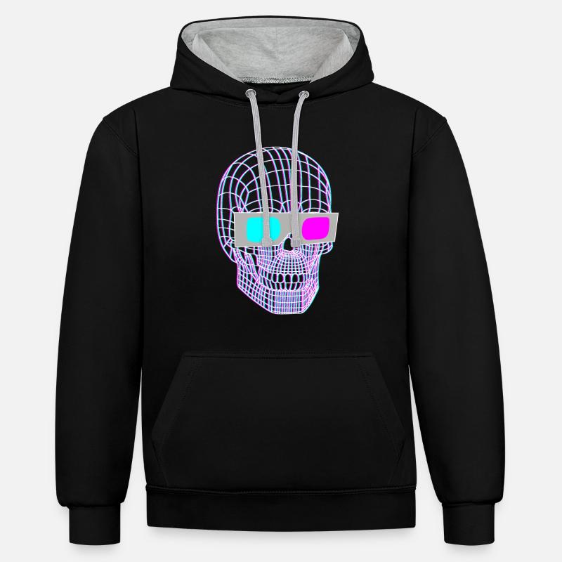 3D Schädel Mit 3D Brille - Kontrast-Hoodie - Schwarz/Grau meliert
