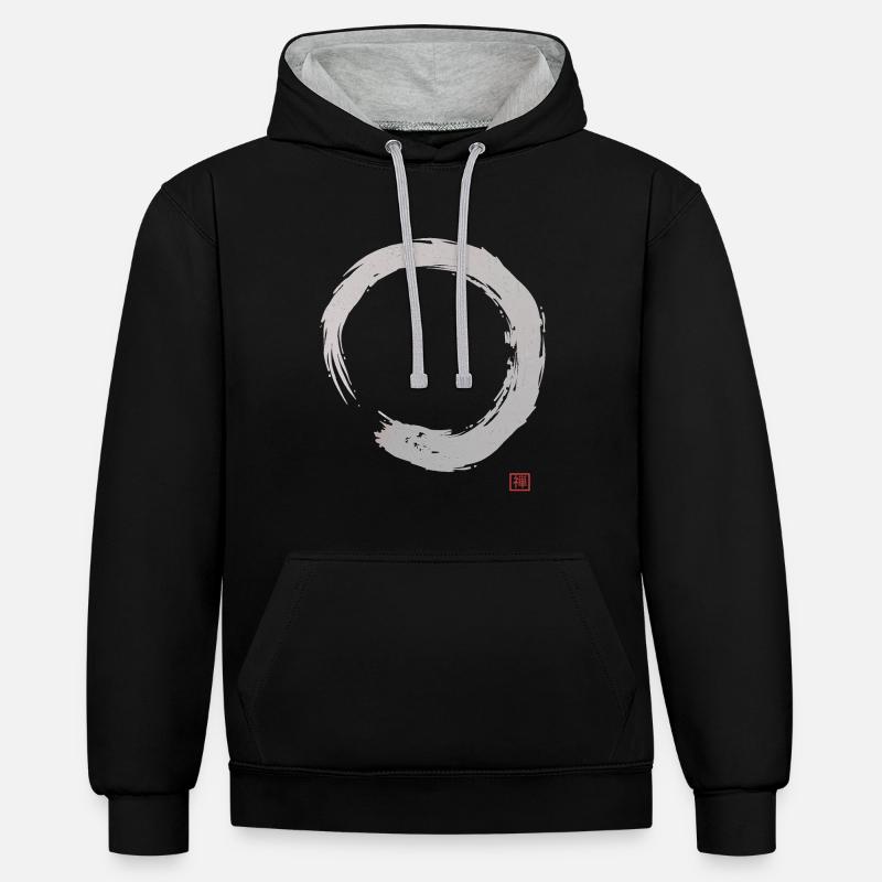 Calligraphie Enso Circle | Bouddhisme zen - Sweat à capuche contrasté - noir/gris chiné