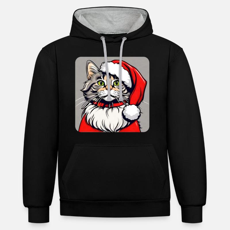 Chat de Noël mignon - Sweat à capuche contrasté - noir/gris chiné