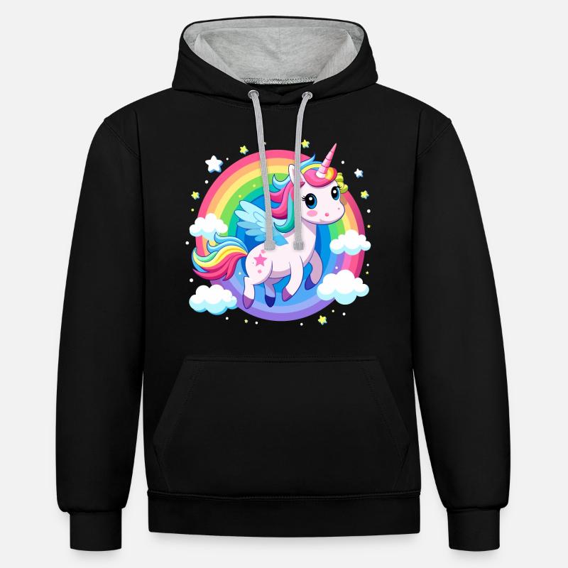 Süßes Regenbogen-Einhorn - Kontrast-Hoodie - Schwarz/Grau meliert
