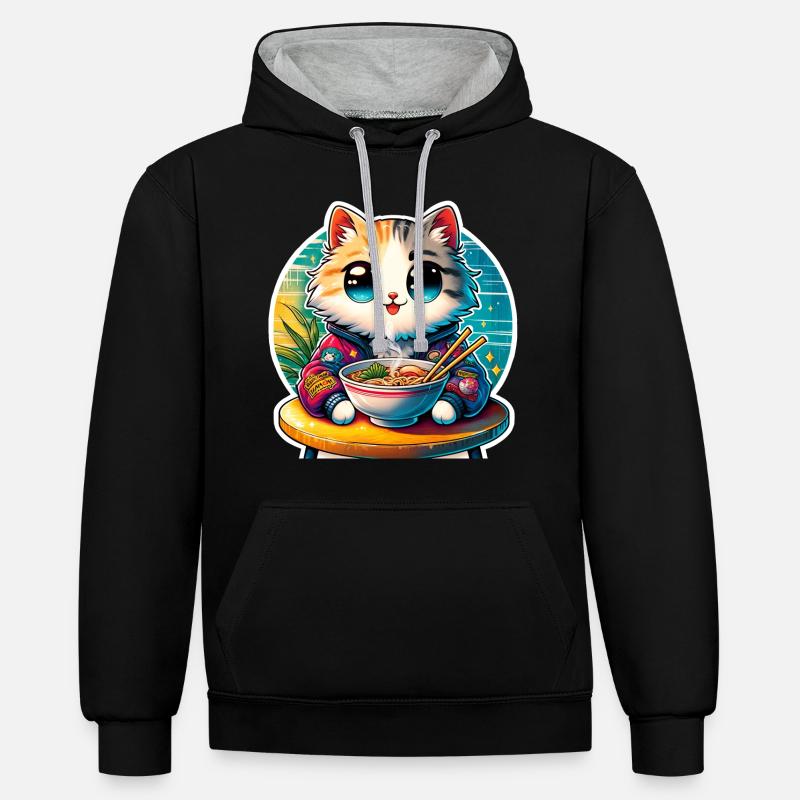 Chat Ramen Kawaii Anime - Sweat à capuche contrasté - noir/gris chiné