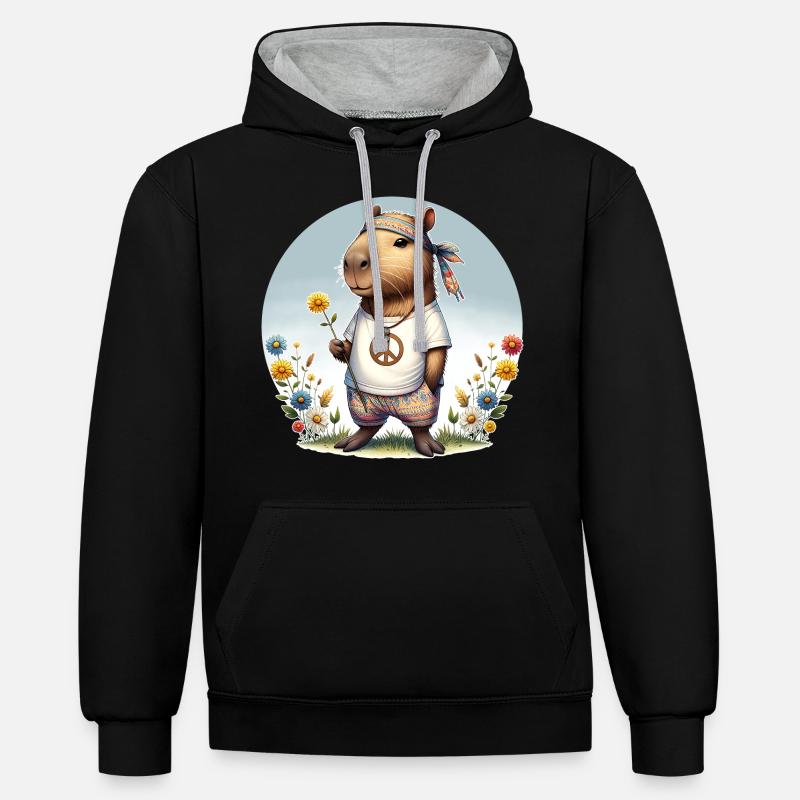 Capybara Hippie Paix - Sweat à capuche contrasté - noir/gris chiné