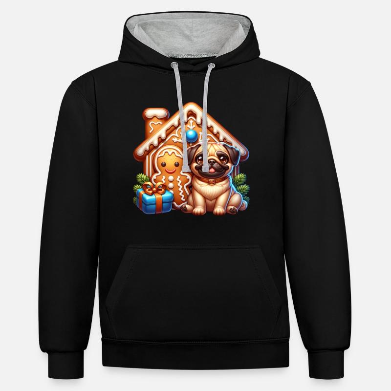 Mops Lebkuchen - Kontrast-Hoodie - Schwarz/Grau meliert