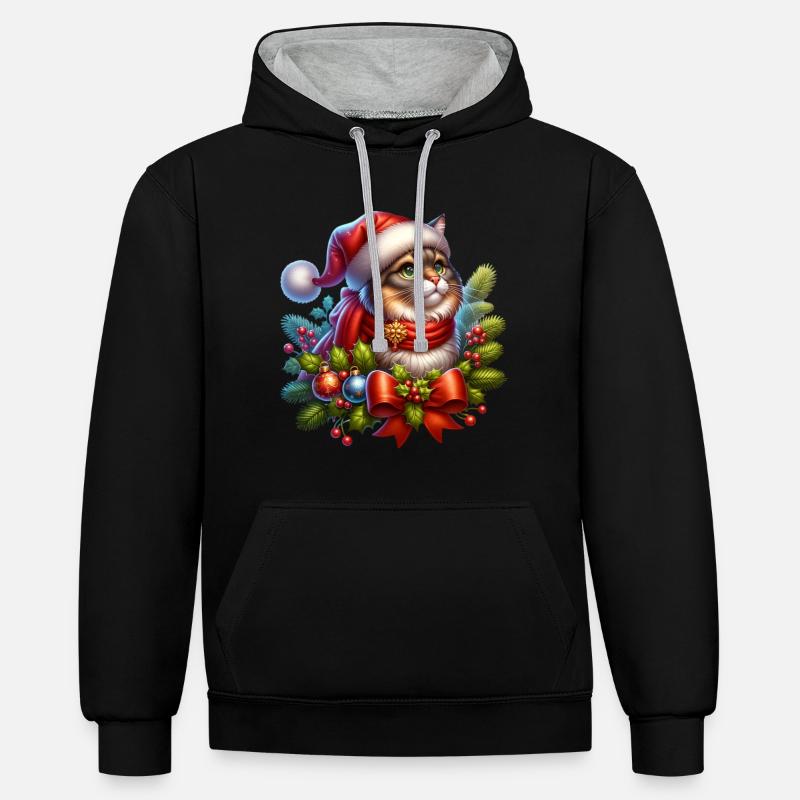 Couronne de Noël chat - Sweat à capuche contrasté - noir/gris chiné