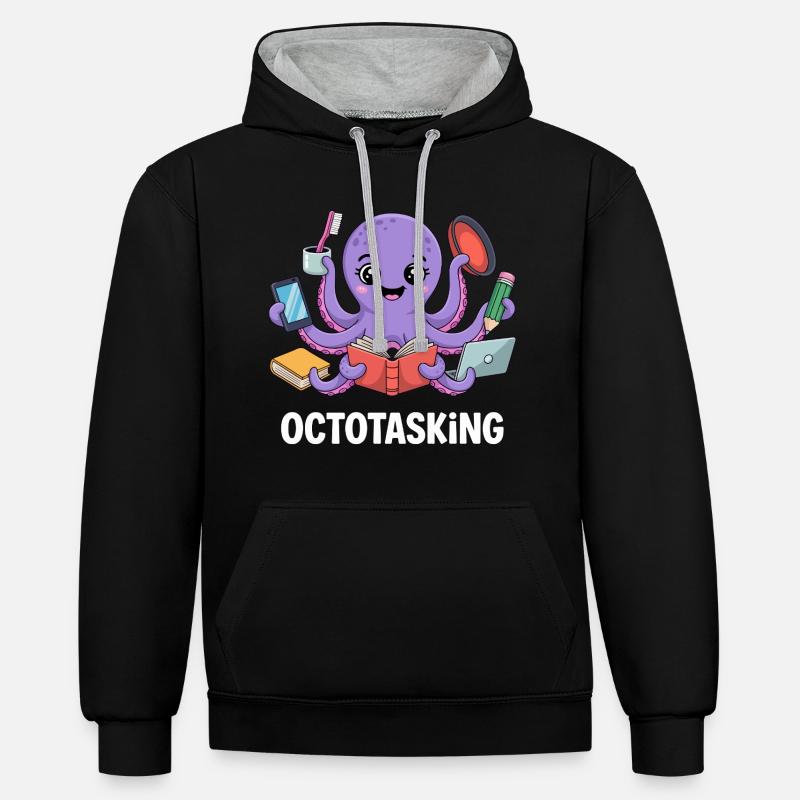 Octotasking Krake im Multitasking Modus - Kontrast-Hoodie - Schwarz/Grau meliert