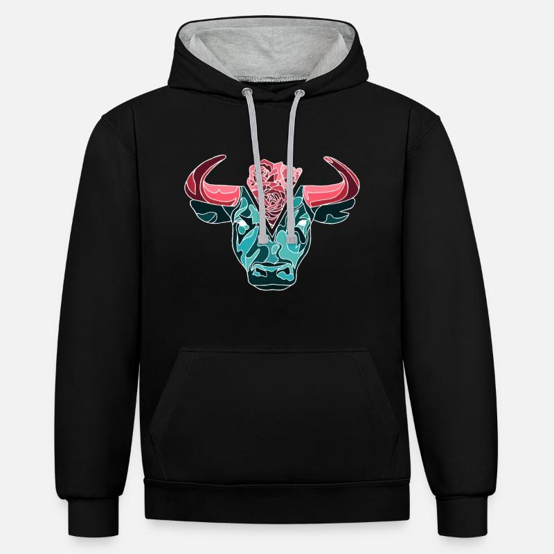 Taureau avec des roses - Sweat à capuche contrasté - noir/gris chiné