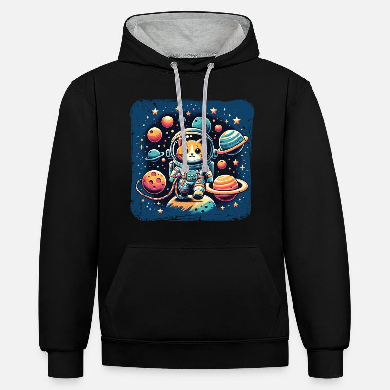 Cosmo, Chat, Astronaute, Espace, Kitty - Sweat à capuche contrasté - noir/gris chiné