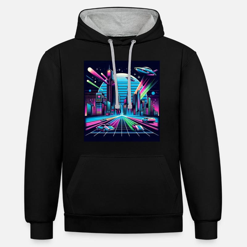 Synthwave City avec des ovnis - Sweat à capuche contrasté - noir/gris chiné