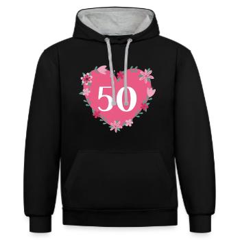 50. Geburtstag Zahl Herz Blumenranke - Kontrast-Hoodie - Schwarz/Grau meliert - Vorne - Anna (173cm) & Nico (186cm)