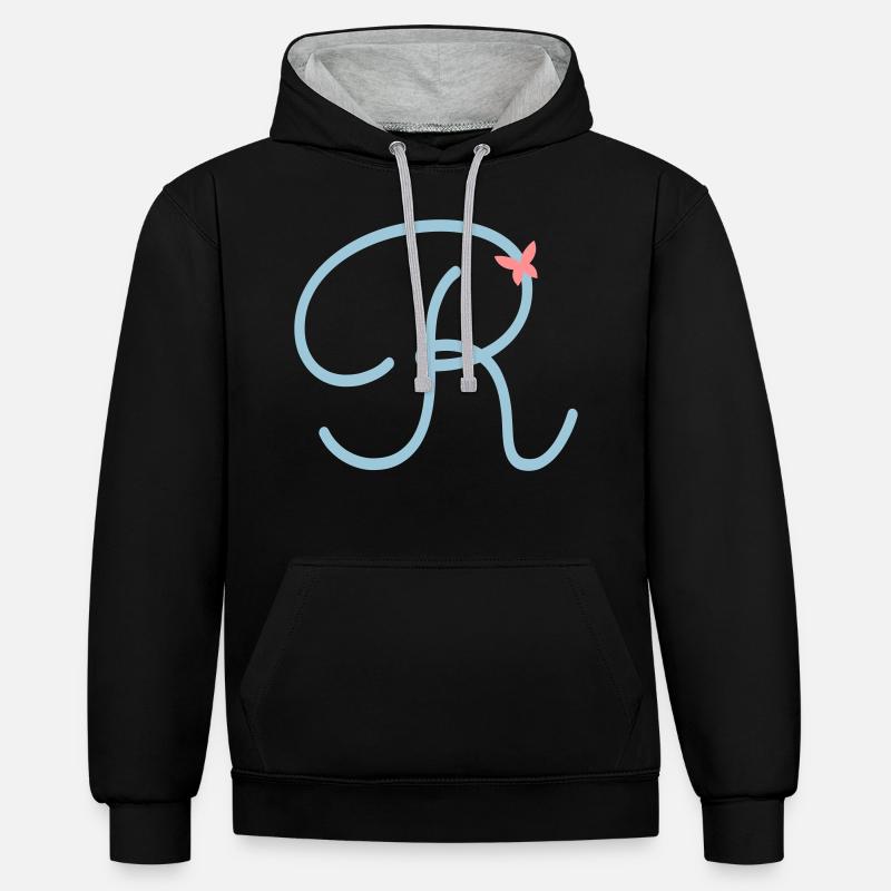 Lettre R lettre initiale papillon - Sweat à capuche contrasté - noir/gris chiné