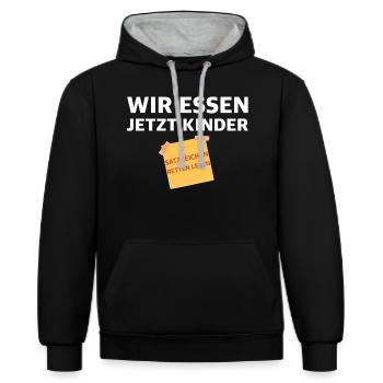 Satzzeichen retten leben | essen, Kinder - Kontrast-Hoodie - Schwarz/Grau meliert - Vorne - Anna (173cm) & Nico (186cm)