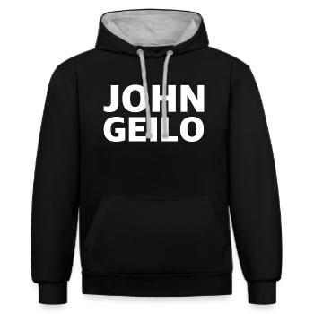 John Geilo | lustige Sprüche, Sarkasmus - Kontrast-Hoodie - Schwarz/Grau meliert - Vorne - Anna (173cm) & Nico (186cm)