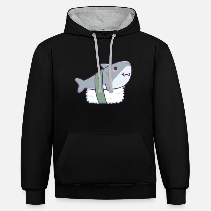 Requin mignon Sushi Riz Drôle - Sweat à capuche contrasté - noir/gris chiné