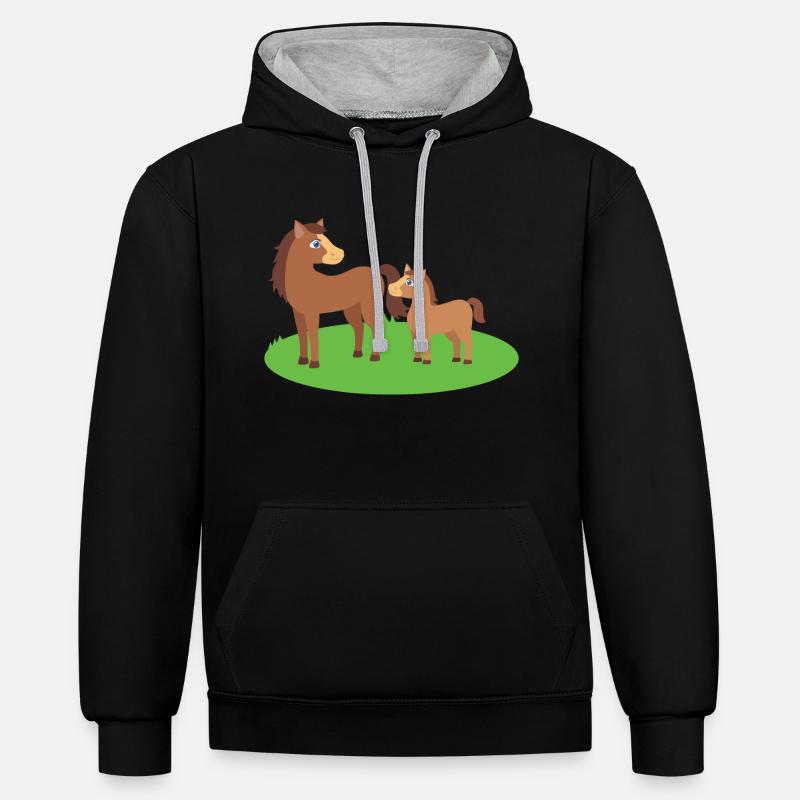 Pferd Mutter und Kind - Kontrast-Hoodie - Schwarz/Grau meliert
