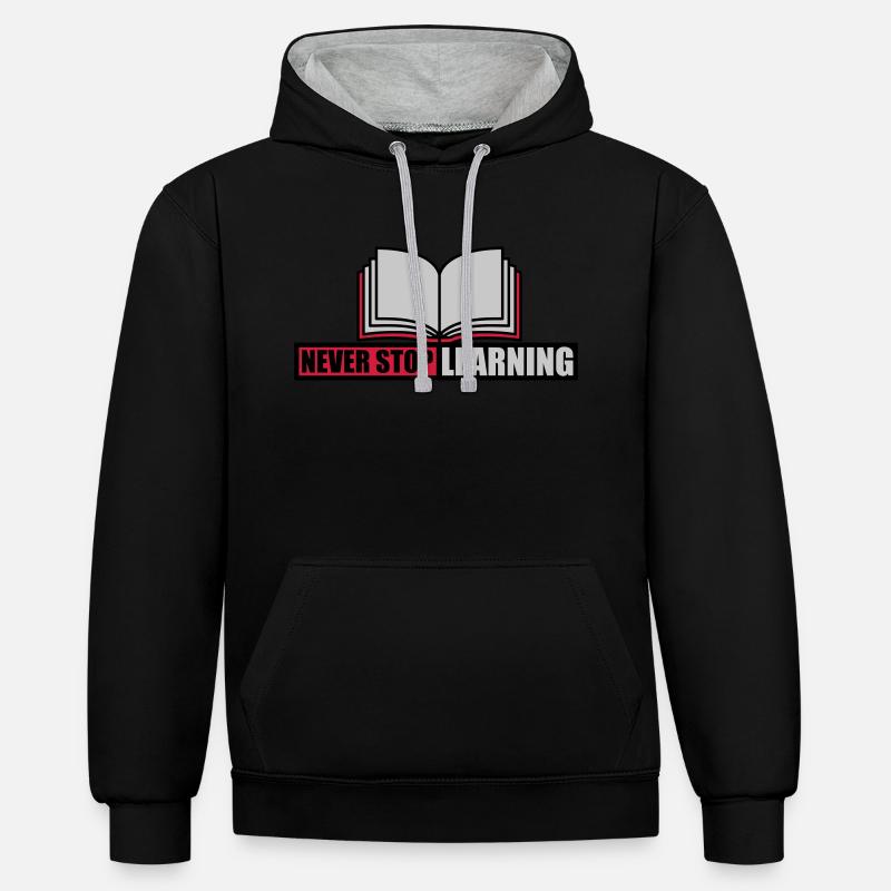 never stop learning quote - Contrast hoodie - black/heather grey