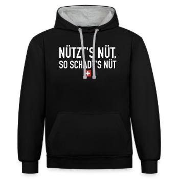 Nützt s nüt so schadt s nüt | Schweiz, Sprichwort - Kontrast-Hoodie - Schwarz/Grau meliert - Vorne - Anna (173cm) & Nico (186cm)