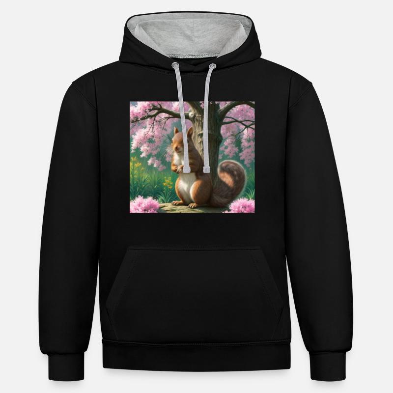Suirrel withblooming tree - Eichhörnchen - Kontrast-Hoodie - Schwarz/Grau meliert