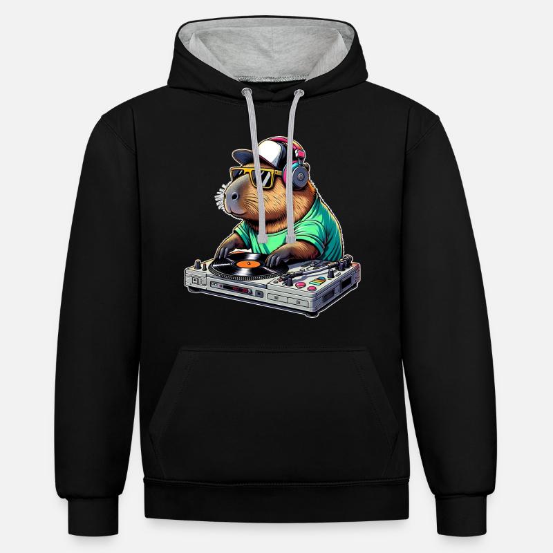 Capybara Dj - Sweat à capuche contrasté - noir/gris chiné