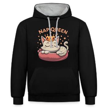 Nap Queen Cat Edition Cat Napping Shirt - Kontrast-Hoodie - Schwarz/Grau meliert - Vorne - Anna (173cm) & Nico (186cm)