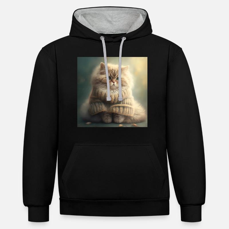Katze Strick Pullover Süß Lusitg - Kontrast-Hoodie - Schwarz/Grau meliert