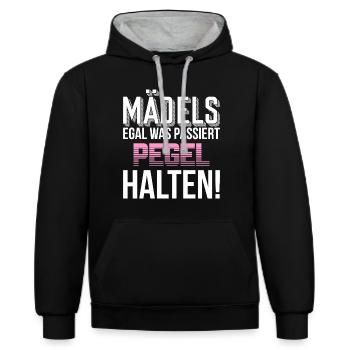 Mädels egal was passiert Pegel halten - Kontrast-Hoodie - Schwarz/Grau meliert - Vorne - Anna (173cm) & Nico (186cm)
