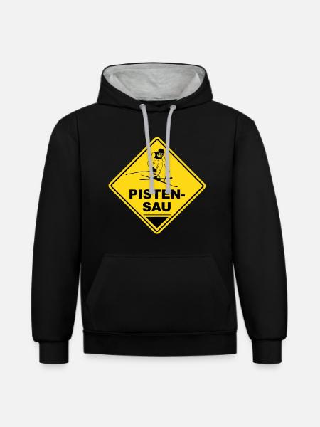Pistensau Road Sign -. Apres Ski - Kontrast-Hoodie - Schwarz/Grau meliert