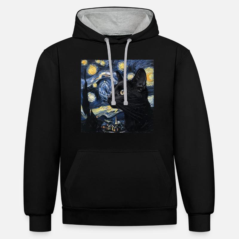 Chat Noir, Chats, Van Gogh, Nuit Étoilée - Sweat à capuche contrasté - noir/gris chiné