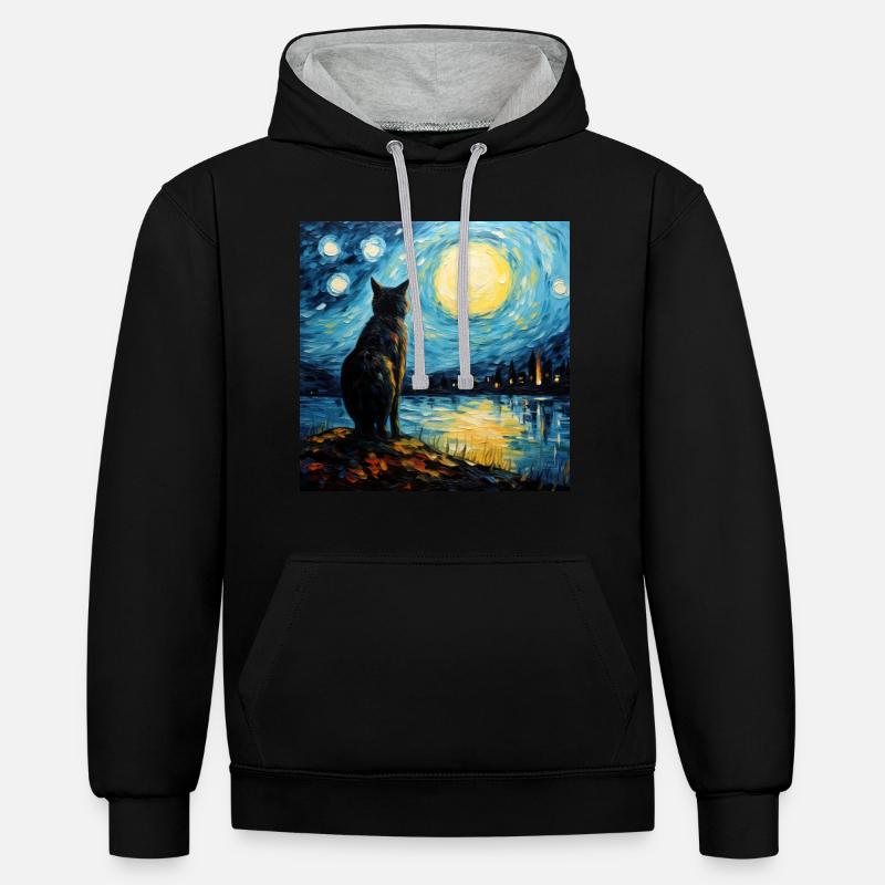 Chat, Motif De Chat - Sweat à capuche contrasté - noir/gris chiné