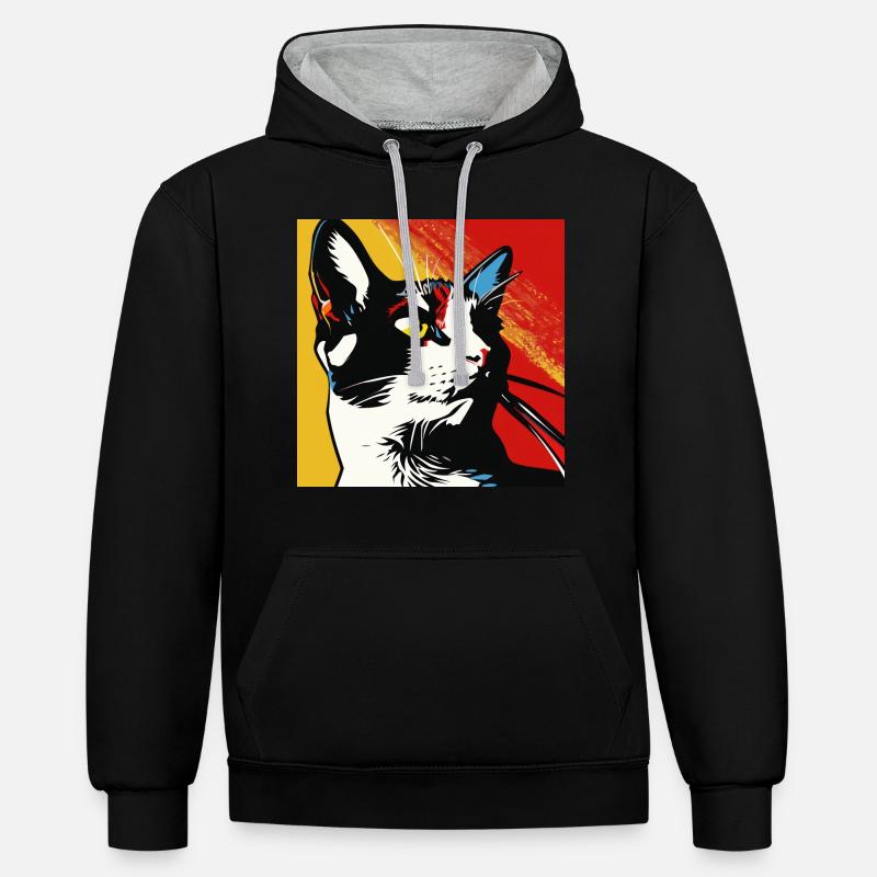 Chat, Motif De Chat - Sweat à capuche contrasté - noir/gris chiné