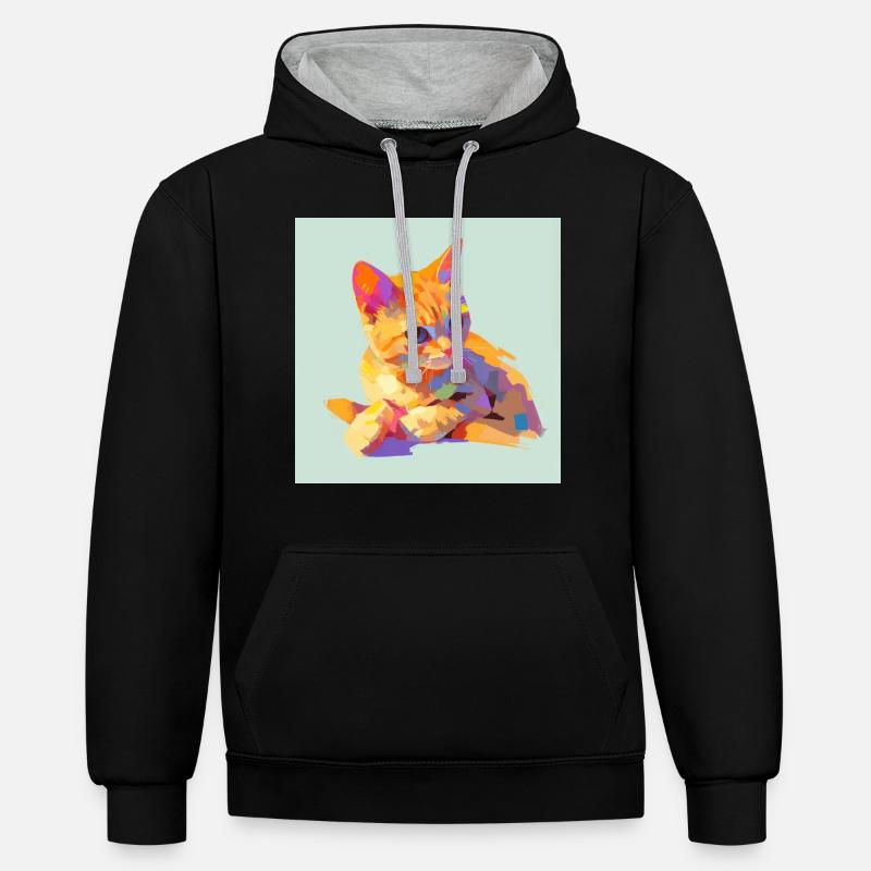Chat, Motif De Chat - Sweat à capuche contrasté - noir/gris chiné