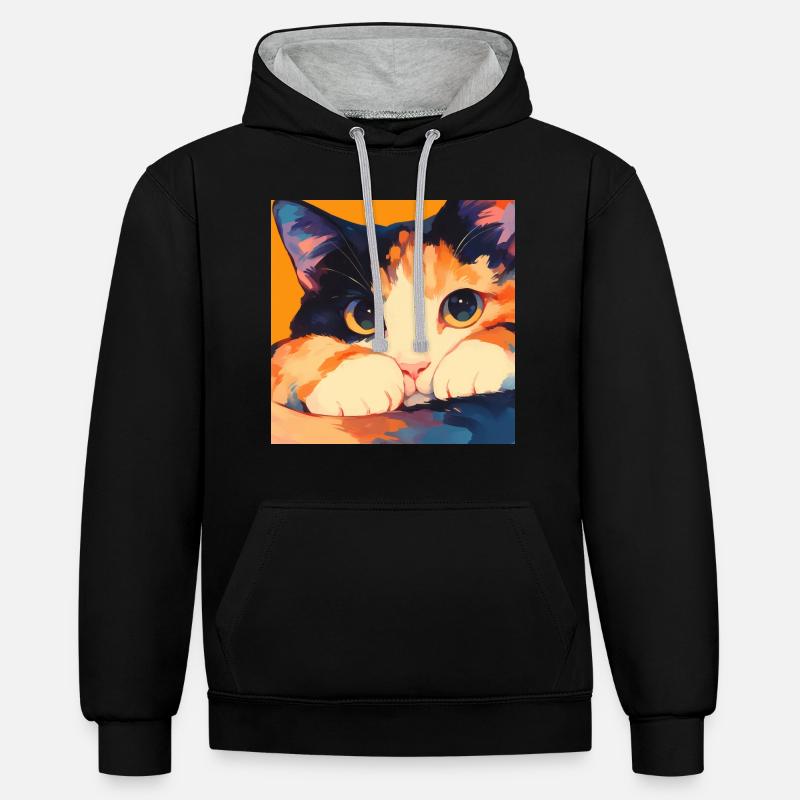 Chat, Motif De Chat - Sweat à capuche contrasté - noir/gris chiné
