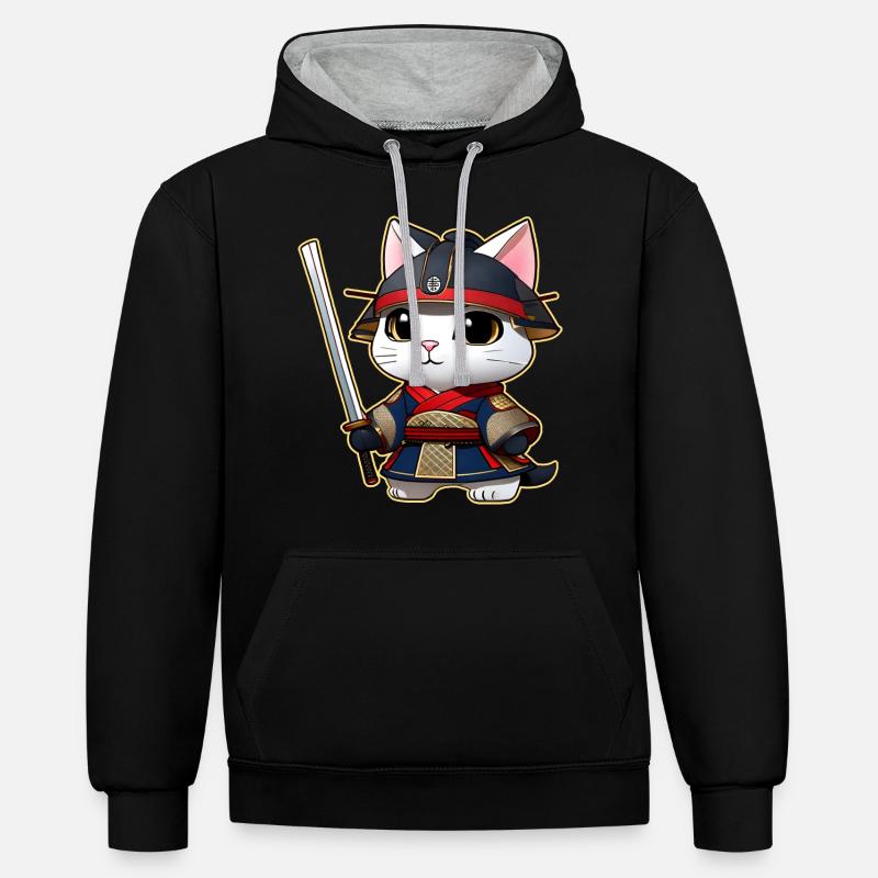 Mignon chat samouraï - Sweat à capuche contrasté - noir/gris chiné