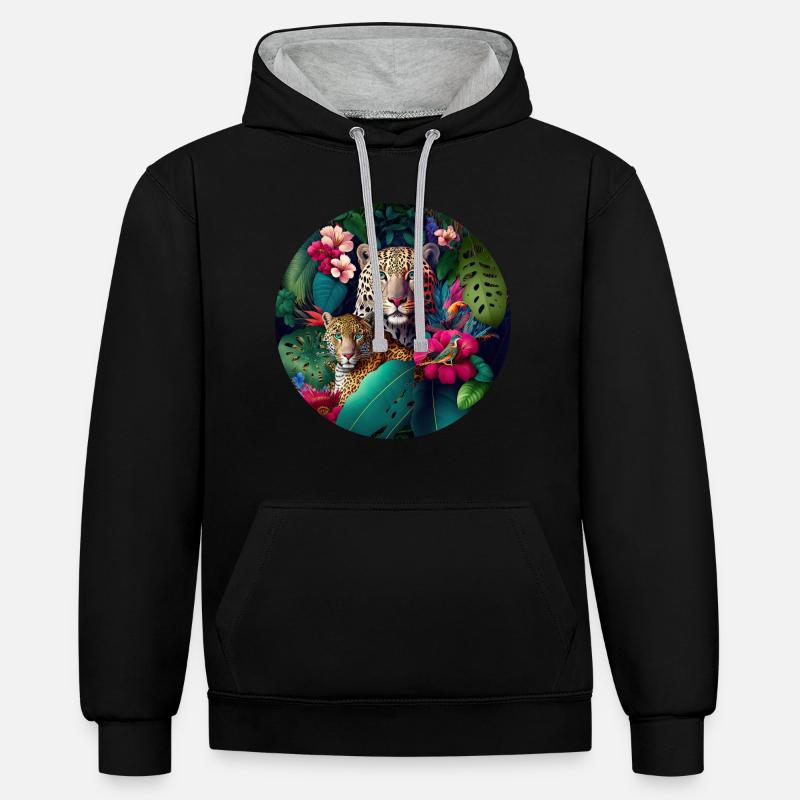 Fleurs de la jungle léopard - Sweat à capuche contrasté - noir/gris chiné