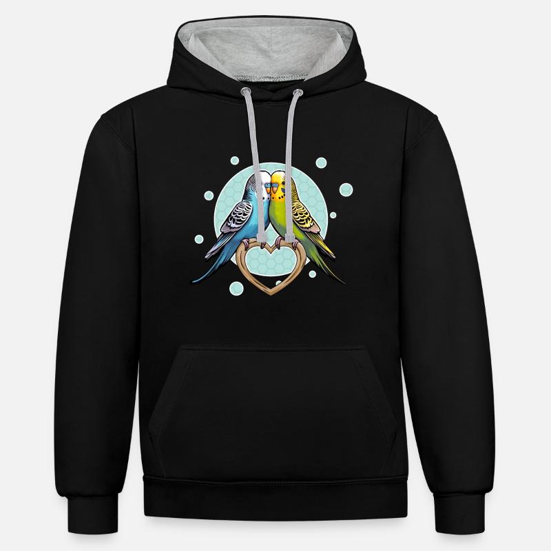 Perruches, Perruches, Perroquets, Oiseaux - Sweat à capuche contrasté - noir/gris chiné