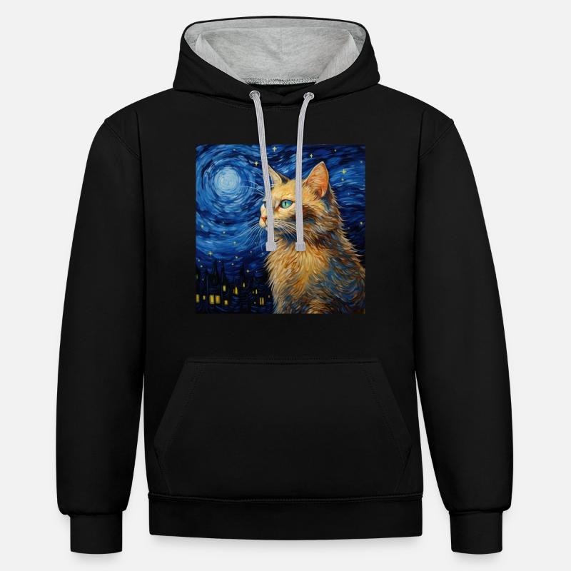 Chat, Motif De Chat - Sweat à capuche contrasté - noir/gris chiné