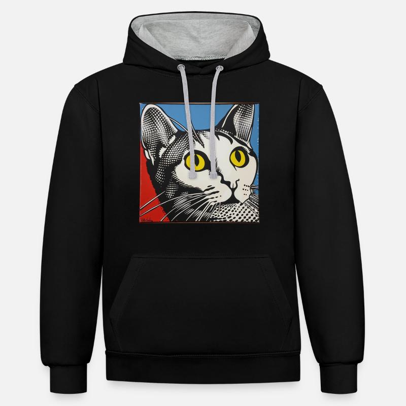 Chat, Motif De Chat - Sweat à capuche contrasté - noir/gris chiné