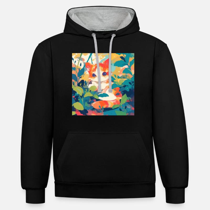 Chat, Motif De Chat - Sweat à capuche contrasté - noir/gris chiné