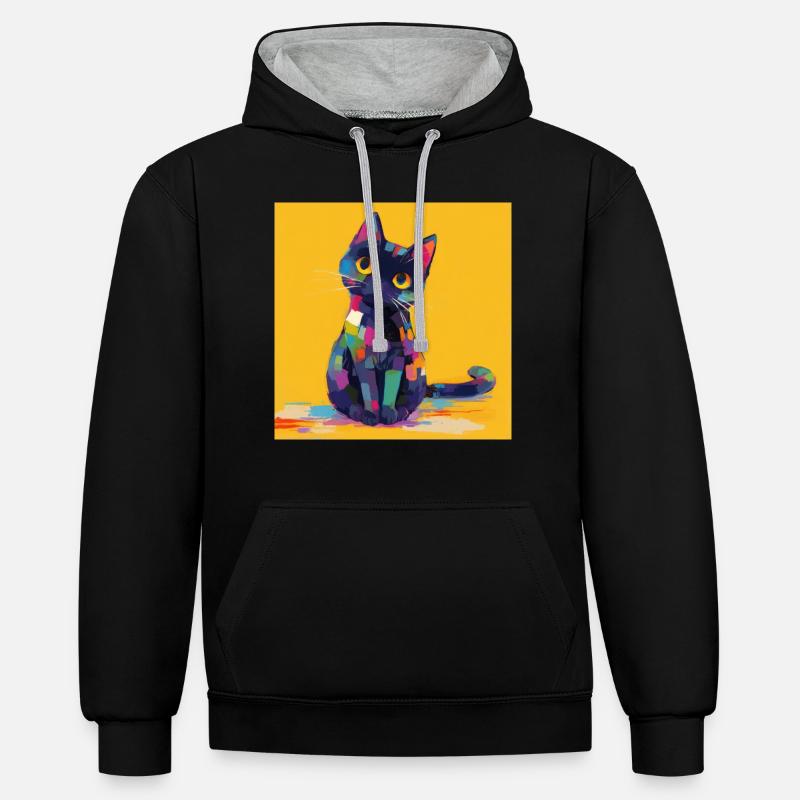 Chat, Motif De Chat - Sweat à capuche contrasté - noir/gris chiné