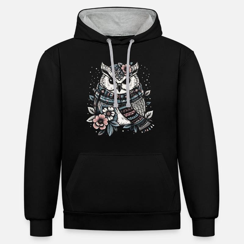 Hibou d’hiver avec écharpe - Sweat à capuche contrasté - noir/gris chiné