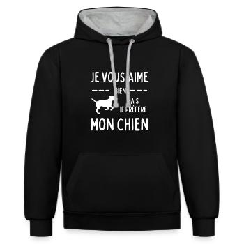 Je vous aime bien mais je préfère mon chien - Sweat à capuche contrasté - noir/gris chiné - Devant - Anna (173cm) & Nico (186cm)