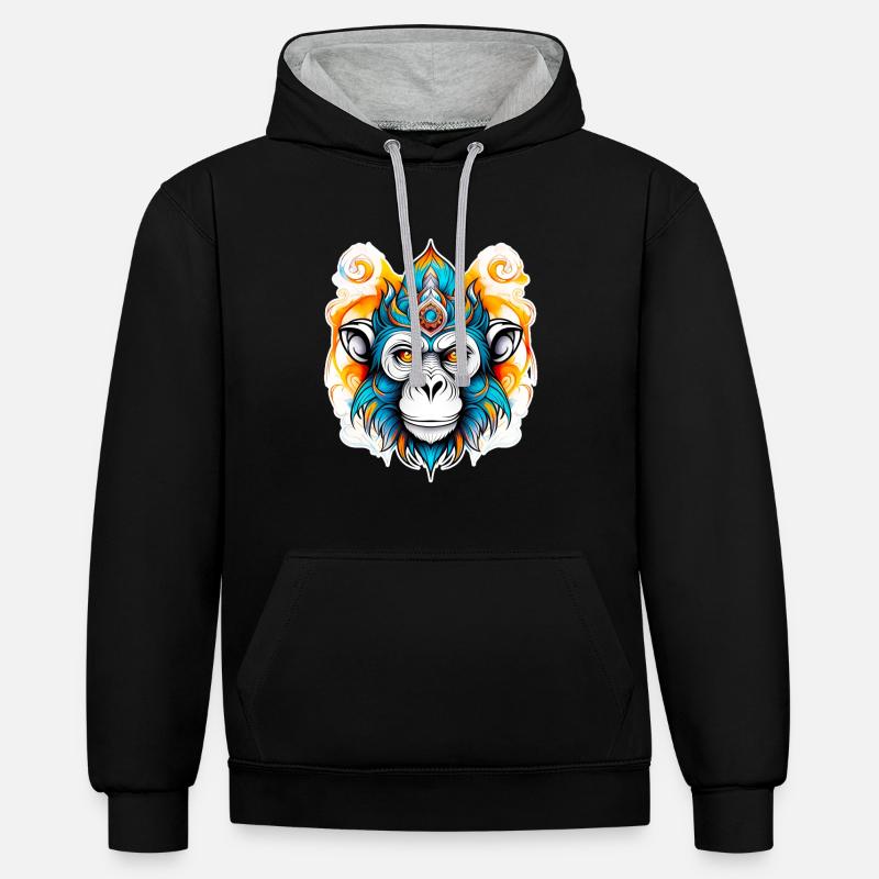 Pochoir de singe - Sweat à capuche contrasté - noir/gris chiné