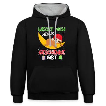 Weckt mich wenn es Geschenke gibt Faultier - Kontrast-Hoodie - Schwarz/Grau meliert - Vorne - Anna (173cm) & Nico (186cm)