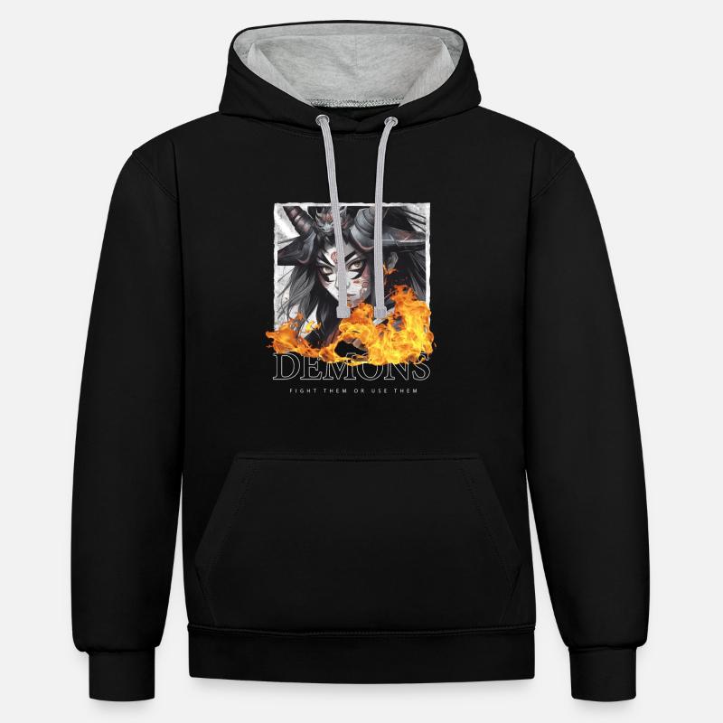 Dämon Samurai - Kontrast-Hoodie - Schwarz/Grau meliert