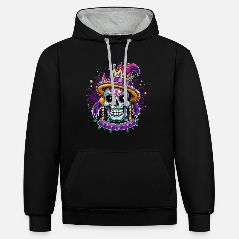 Mardi Gras - Carnaval - Crâne - Cadeau - Sweat à capuche contrasté - noir/gris chiné