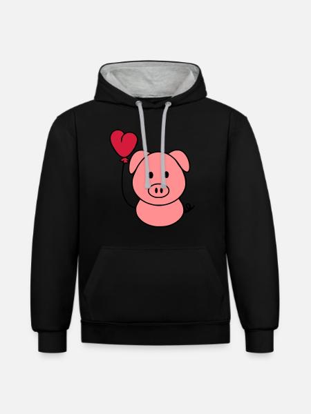Schweinchen mit Herzballon - Kontrast-Hoodie - Schwarz/Grau meliert