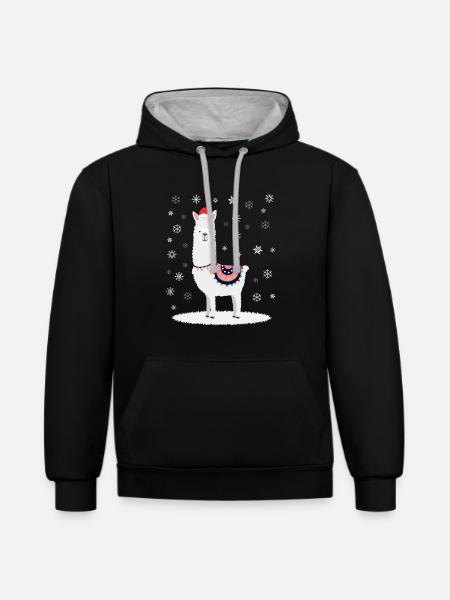 Weihnacht Alpaka Lama im Schnee - Kontrast-Hoodie - Schwarz/Grau meliert