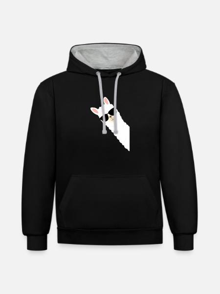Cooles Alpaka mit Sonnenbrille - Kontrast-Hoodie - Schwarz/Grau meliert