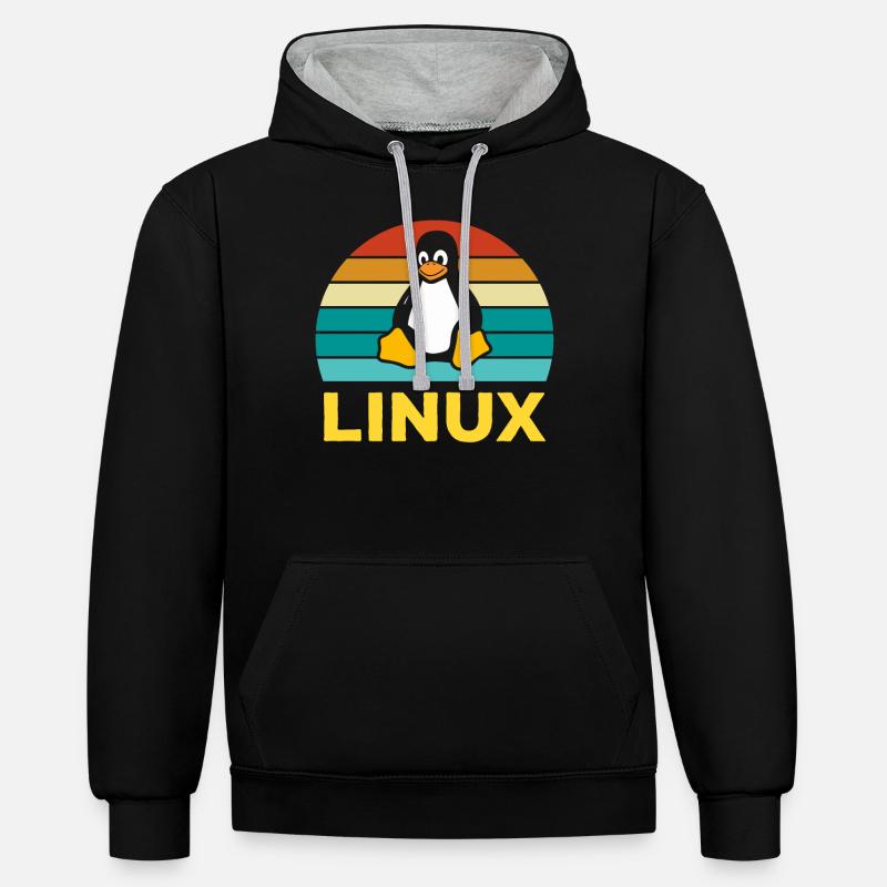 Linux Rétro Vintage Geek Style Informaticien - Sweat à capuche contrasté - noir/gris chiné